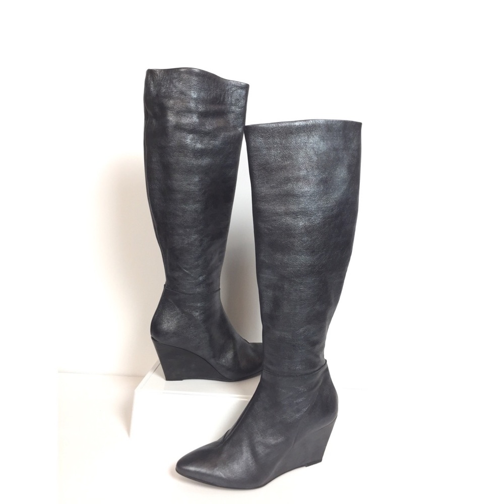 Anthropologie Pied Juste Metallic Gray Wedge Boots